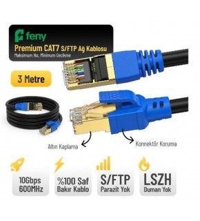 Feny FN-CAT7LS03 10GBPS İnternet 60MHZ 3 Metre CAT7 Gold Patch Kablo (Yanmaz- yüzde 100 Saf Bakır)