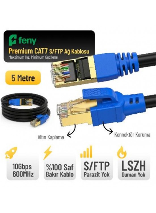 Feny FN-CAT7LS05 10GBPS İnternet 60MHZ 5 Metre CAT7 Gold Patch Kablo (Yanmaz- yüzde 100 Saf Bakır)