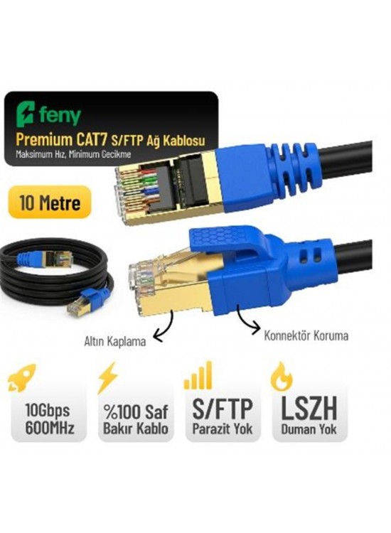 Feny FN-CAT7LS10 10GBPS İnternet 60MHZ 10 Metre CAT7 Gold Patch Kablo (Yanmaz- yüzde 100 Saf Bakır)