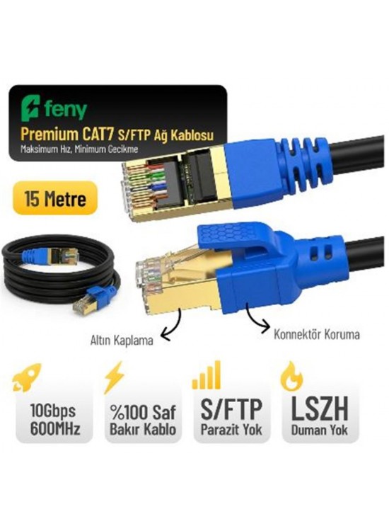 Feny FN-CAT7LS15 10GBPS İnternet 60MHZ 15 Metre CAT7 Gold Patch Kablo (Yanmaz- yüzde 100 Saf Bakır)