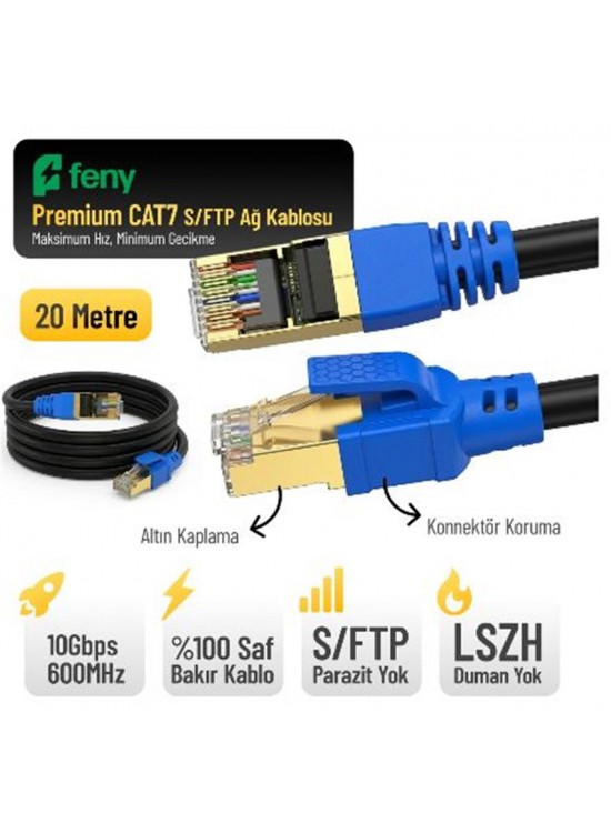 Feny FN-CAT7LS20 10GBPS İnternet 60MHZ 20 Metre CAT7 Gold Patch Kablo (Yanmaz- yüzde 100 Saf Bakır)