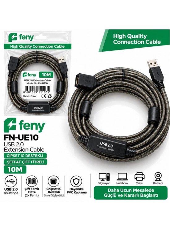 Feny FN-UE10 10mt Usb Uzatma Kablo 2.0 Extension Cipsed Destekli Çift Filtreli Feny FN-UE10 10mt Usb Uzatma Kablo 2.0 Extension Cipsed Destekli Çift Filtreli