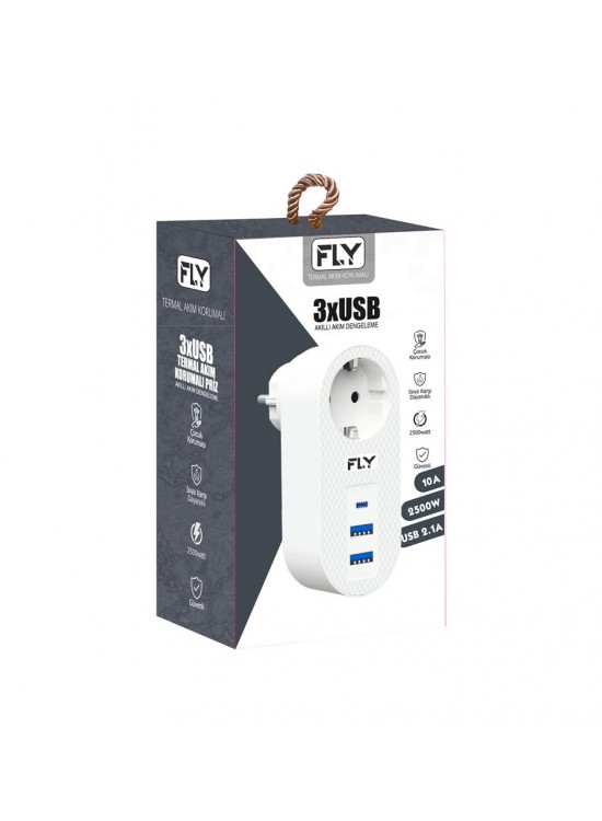 FLY-3400-01 Akım Korumalı.1 li Priz 2-Usba 1-C Soket 2.1A 10A 2500W