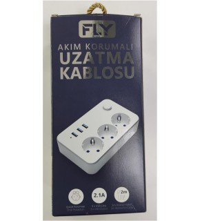 Fly 3406-01 3lü Anahtarlı 2.1A 3Usb Şarj Çıkışı 2mt Anahtarlı  Akım Korumalı Priz Çocuk Koruması