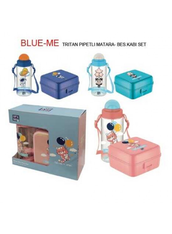 Gıpta Matara Mavi-Me Tritan Pipetli Desenli Bes.Kabı Set