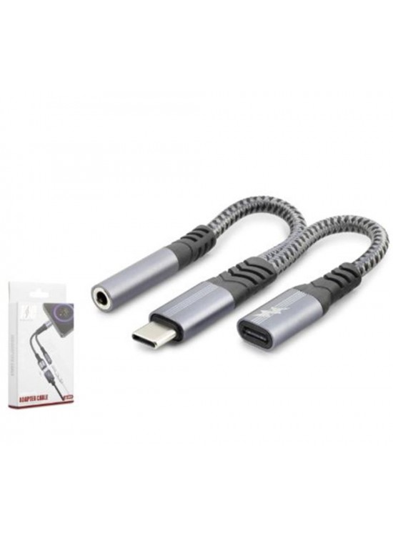 HADRON GJ018 Type-C 3.5 mm Araç Şarj Ses Ayırıcı Kablo Siyah