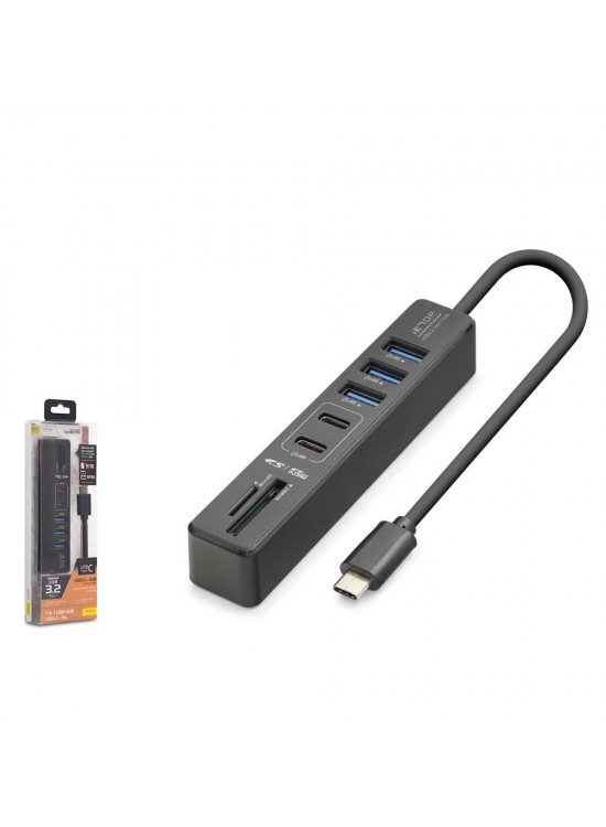 Hadron HDX7061 İetop Type-C Hub 5Gbps 2x Usb-C 3.2+3x Usb-A 3.2+SD+microSD 7 Port Kart Okuyucu Siyah