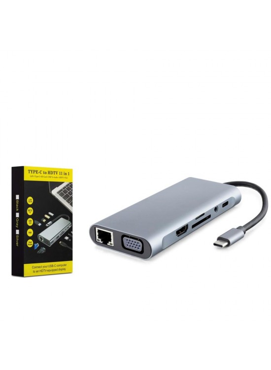 HADRON HDX7830 Type-C 3.0 PD 100W HDMI 4K VGA Gigabit LAN AUX Kart Okuyucu 11 Port 5 Gbps Gri