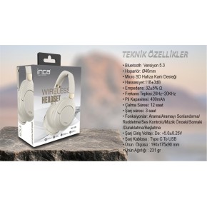 Inca IBK-503B Beyaz 5.3 Bluetooth Wireless Kulaklık Micro Sd Kulaklık 400mah Type-c To USB