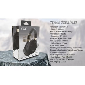Inca IBK-503S Siyah 5.3 Bluetooth Wireless Kulaklık Micro Sd Kulaklık 400mah Type-c To USB