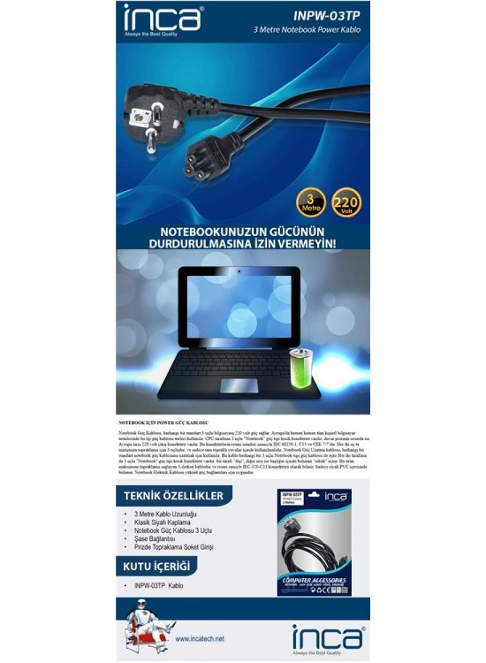 Inca Inpw-03tp 3mt Notebook Power Kablosu