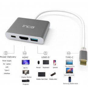 Inca ITPC-04TX Type-c Hub HDMI 4K@30hz USB3.0+PD100W Akım ve Voltaj Korumalı Alüminyum Çoklayıcı