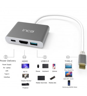 Inca ITPC-04TX Type-c Hub HDMI 4K@30hz USB3.0+PD100W Akım ve Voltaj Korumalı Alüminyum Çoklayıcı