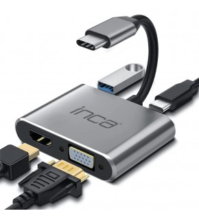 Inca ITPC-06TX USB C 4in1 – HDMI+VGA+USB+Güç Dağıtım Adap 4K@30Hz HDMI Çoklayıcı 100W PD Güçı