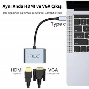Inca ITPC-06TX USB C 4in1 – HDMI+VGA+USB+Güç Dağıtım Adap 4K@30Hz HDMI Çoklayıcı 100W PD Güçı
