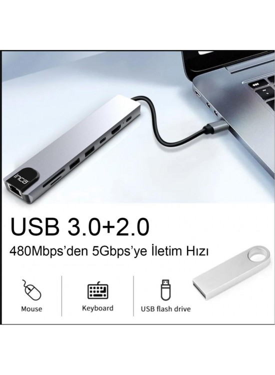 Inca ITPC-7T Type-C Giriş 2XType-C Çoklayıcı RJ-45 HDMI 4K@30 USB 3.0 Çoklayıcı Micro SD Kart