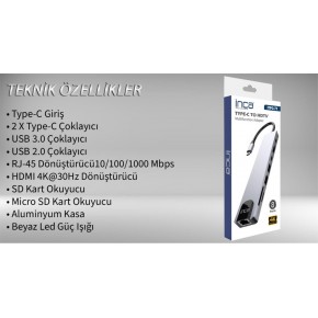 Inca ITPC-7T Type-C Giriş 2XType-C Çoklayıcı RJ-45 HDMI 4K@30 USB 3.0 Çoklayıcı Micro SD Kart