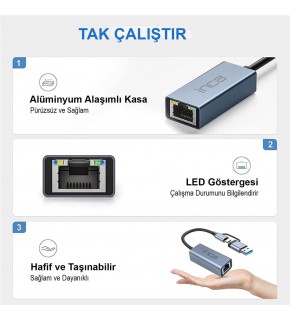 Inca IUTP-01TX Ethernet Adaptörü USB ve TYPE-Cye Bağlantı USB 3.0 ve TYPE-C 3.1 Alüminyum 1000Mbps