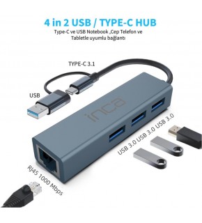 Inca IUTP-03TX Ethernet Usb 3.0+Type-C 3.1 Grişli 000 Mbps 3X3.1Usb Eternet-Çoklayıcı