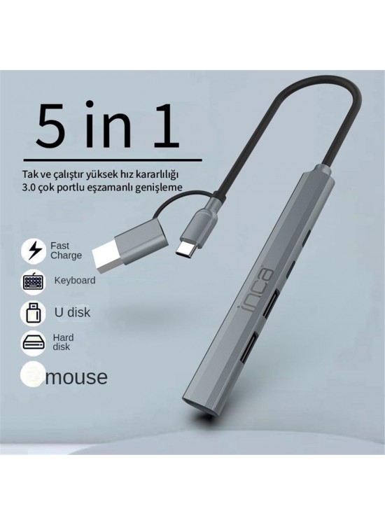 Inca IUTP-06TX 5in1 USB 3.0 + 2xUSB 2.0+Type-C+PD 100W USB+Type-C Çoklayıcı 3.0 ile 5 Gbps Inca IUTP-06TX 5in1 USB 3.0 + 2xUSB 2.0+Type-C+PD 100W USB+Type-C Çoklayıcı 3.0 ile 5 Gbps