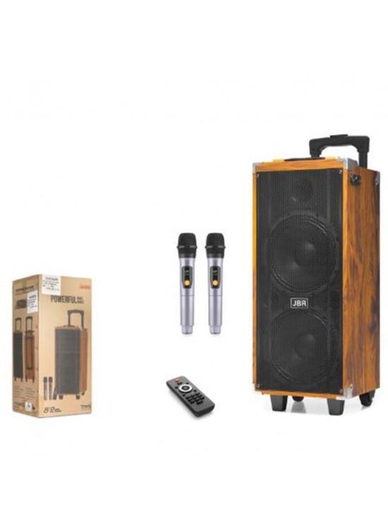 JBR JBR8808 Çift Karaoke Mikrofonlu Bluetooth Hoparlör FM Radyo 50W 2x8 İnç RGB Kumandalı Ahşap