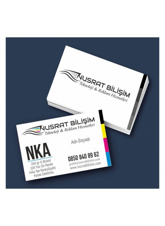 Kartvizit 250 gr Amarikan Bristol Çift Yüz Ön 4 Renk Arka Tek Renk(Siyah) P.Selefonlu 8,3x5,1 cm 1.000 Adet