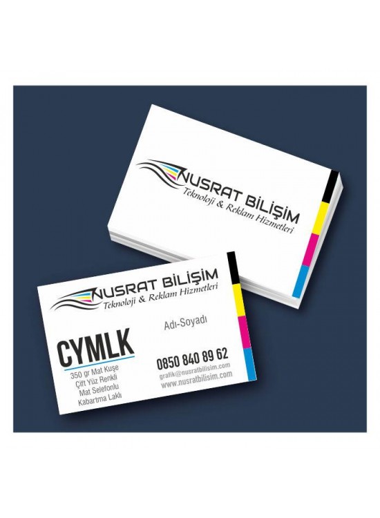 Kartvizit 350 gr Mat Kuşe Çift Yüz 4 Renk Mat Selefonlu Kabartma Laklı 8,3x5,1 cm 1.000 Adet