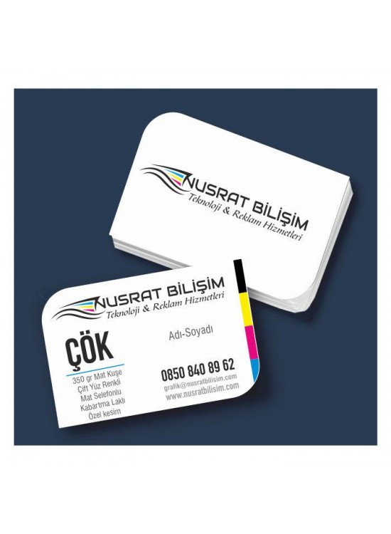 Kartvizit 350 gr Mat Kuşe Çift Yüz 4 Renk Mat Selefonlu Kabartma Laklı Özel Kesim 8,3x5,1 cm 1.000 Adet