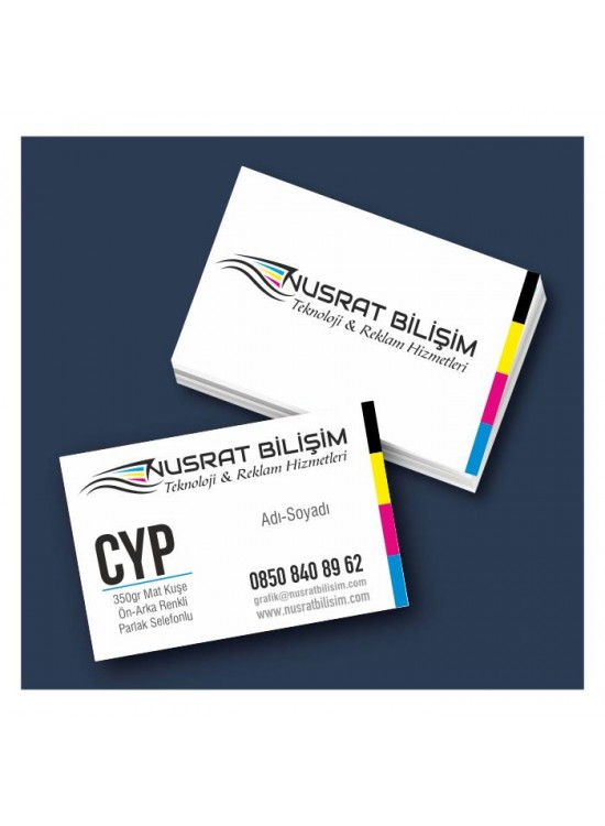 Kartvizit 350 gr Mat Kuşe Çift Yüz 4 Renk Parlak Selefonlu 8,3x5,1 cm 1.000 Adet