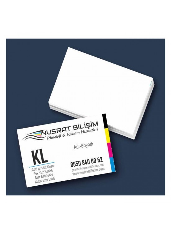 Kartvizit 350 gr Mat Kuşe Tek Yüz 4 Renk Mat Selefonlu Kabartma Laklı 8,3x5,1 cm 1.000 Adet
