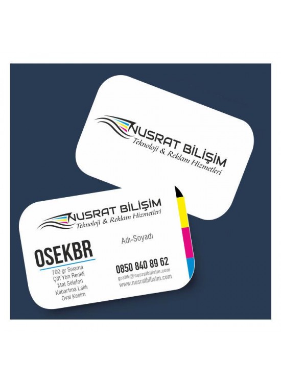 Kartvizit 700 gr Sıvama Mat Selefon Kabartma Laklı Çift Yüz Oval Kesim 8,3x5,1 cm 1.000 Adet