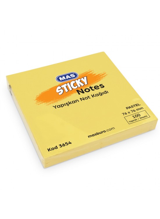 Mas Yapışkanlı Not Kağıdı 100 Syf 76x76 Pastel Sarı 3654 (1 Adet)
