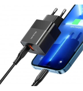 MCDODO CH-1952 20W 1xType-C ve 1xUSB Girişli Şarj Adaptörü + Type-C To iPhone Kablo - Siyah