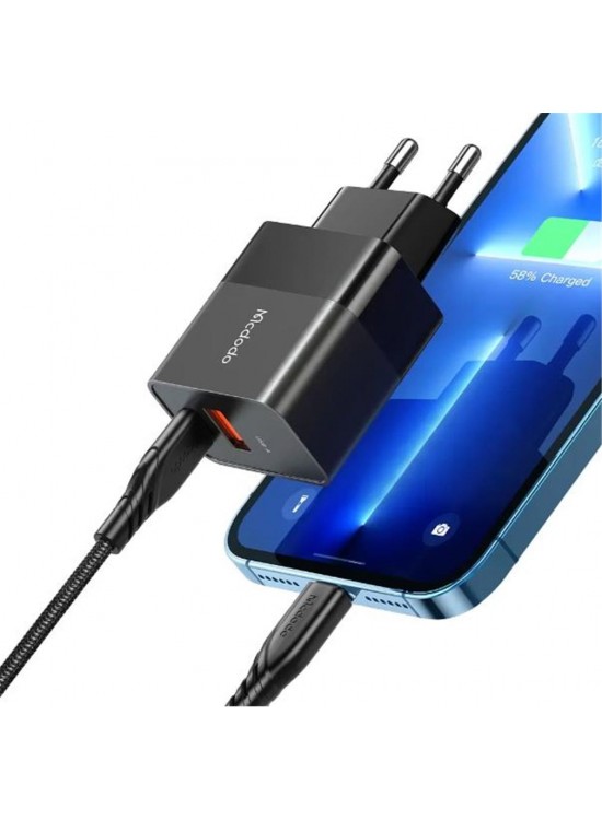 MCDODO CH-1952 20W 1xType-C ve 1xUSB Girişli Şarj Adaptörü + Type-C To iPhone Kablo - Siyah MCDODO CH-1952 20W 1xType-C ve 1xUSB Girişli Şarj Adaptörü + Type-C To iPhone Kablo - Siyah