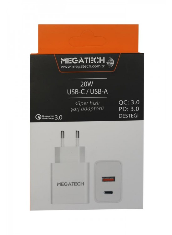 Megatech 20w Beyaz USB-C USB-A Şarj Kafa QC:3.0-PD:3.0 Megatech 20w Beyaz USB-C USB-A Şarj Kafa QC:3.0-PD:3.0