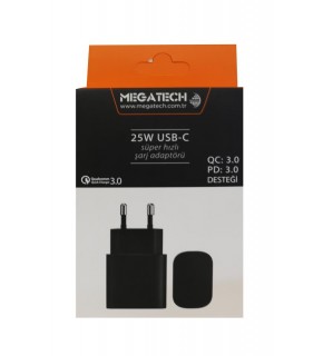 Megatech 25w Siyah USB-C  Şarj Kafa QC:3.0-PD:3.0