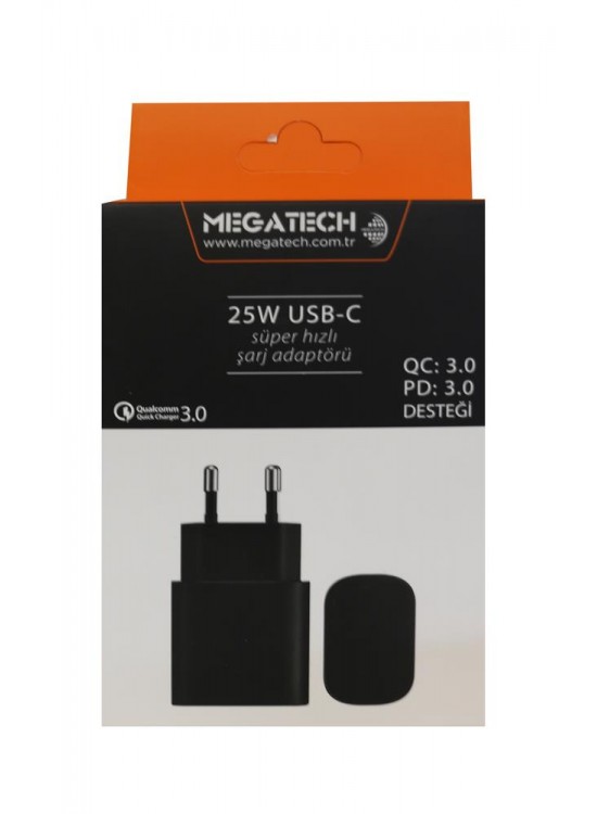 Megatech 25w Siyah USB-C  Şarj Kafa QC:3.0-PD:3.0