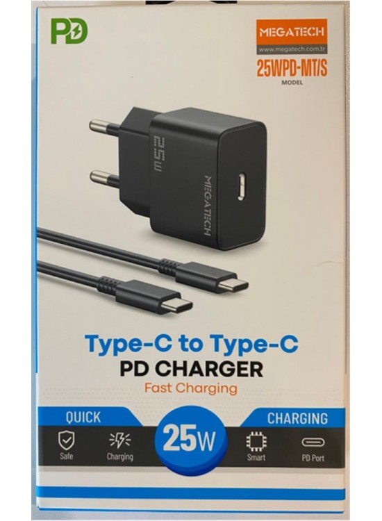 Megatech 25Wpd-Mt-S 25w Type-C Ev Şarj Kafa+Type-c to Typec Kablo ( Hızlı Şarj )
