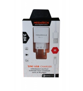 Megatech 3.0A Ev 2IN1 Ev Şarj Kafa +Iphone Şarj Kablo Hızlı Şarj