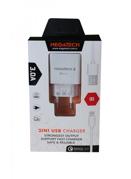 Megatech 3.0A Ev 2IN1 Ev Şarj Kafa +Iphone Şarj Kablo Hızlı Şarj Megatech 3.0A Ev 2IN1 Ev Şarj Kafa +Iphone Şarj Kablo Hızlı Şarj