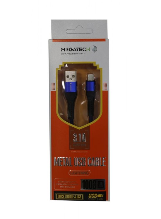 Megatech 3.1A  Örgülü A Serisi IPH7 1000M Data Kablosu Mavi Renk