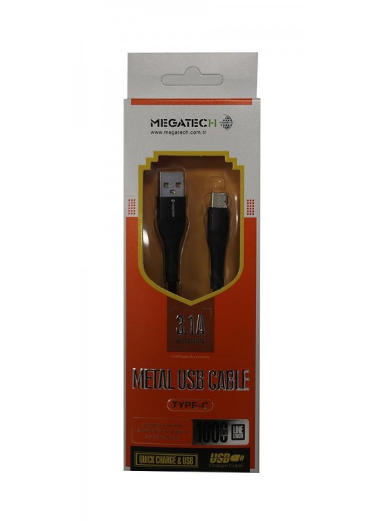 Megatech 3.1A  Örgülü A Serisi Typ-c Data Kablosu Gri-Siyah