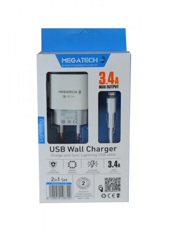 Megatech CC-03 (MT-Cl34) 3.4A Lightning Usb Kablo + Ev Şarj Adaptörü Hızlı Şarj Megatech CC-03 (MT-Cl34) 3.4A Lightning Usb Kablo + Ev Şarj Adaptörü Hızlı Şarj