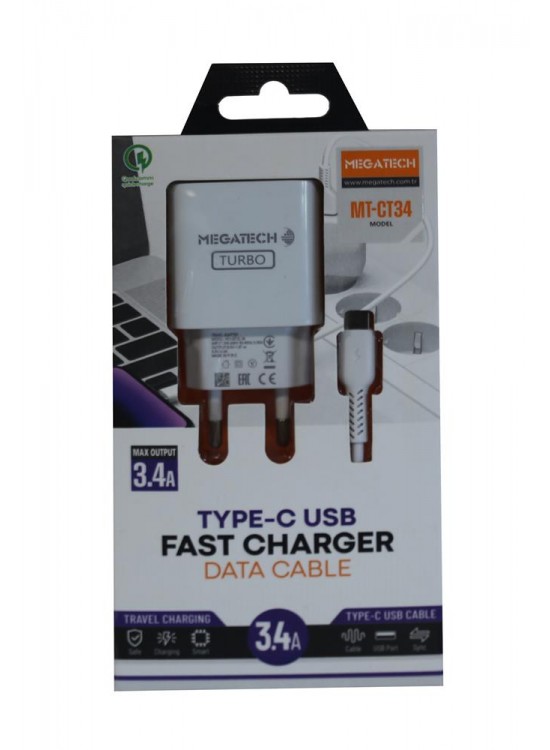 Megatech CC-03 (MT-Ct34 )3.4A Type-C Usb Kablo+ Ev Şarj Adaptör Hızlı Şarj Megatech CC-03 (MT-Ct34 )3.4A Type-C Usb Kablo+ Ev Şarj Adaptör Hızlı Şarj