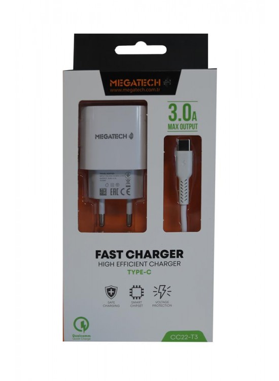 Megatech CC03(CC22-T3) 5v-3.0A Ev Şarj+Type-c Kablo Hızlı Şarj Megatech CC03(CC22-T3) 5v-3.0A Ev Şarj+Type-c Kablo Hızlı Şarj