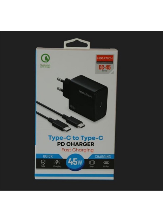 Megatech (CC45) 45W Type-C To Type-C Şarj Aleti Megatech (CC45) 45W Type-C To Type-C Şarj Aleti