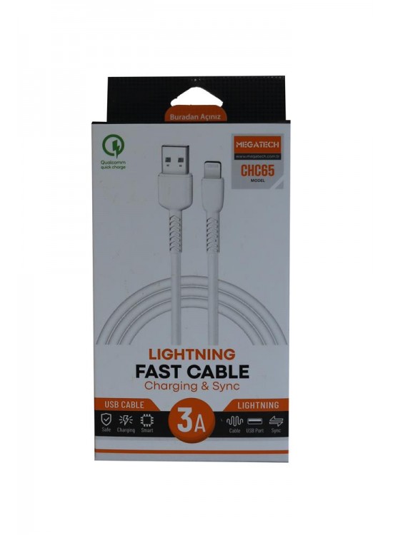Megatech CHC65 3.0A 1mt Lightning Beyaz Şarj Kablosu