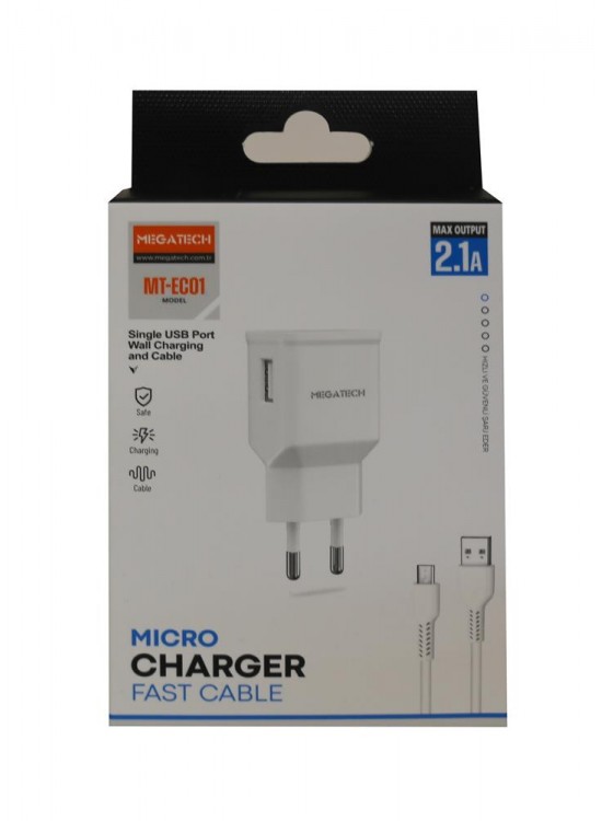 Megatech- EC01 2.1A  Ev Şarj+ Micro Kablo Hızlı Şarj