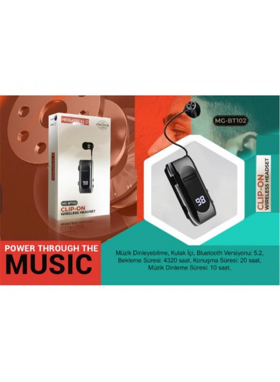 Megatech Mg-Bt102 Clıp-On Makaralı Digital Göstergeli Bluetooth Kablosuz Kulaklık