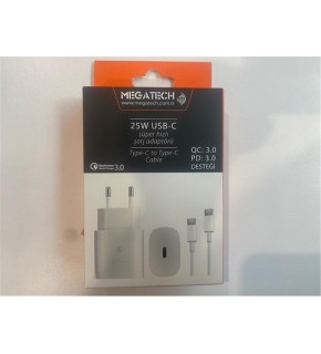 Megatech Mt-25w QC:3.0 PD:3.0 Ev Şarj Kafa+ Type-C To Type-C Şarj Kafası Hızlı Şarj